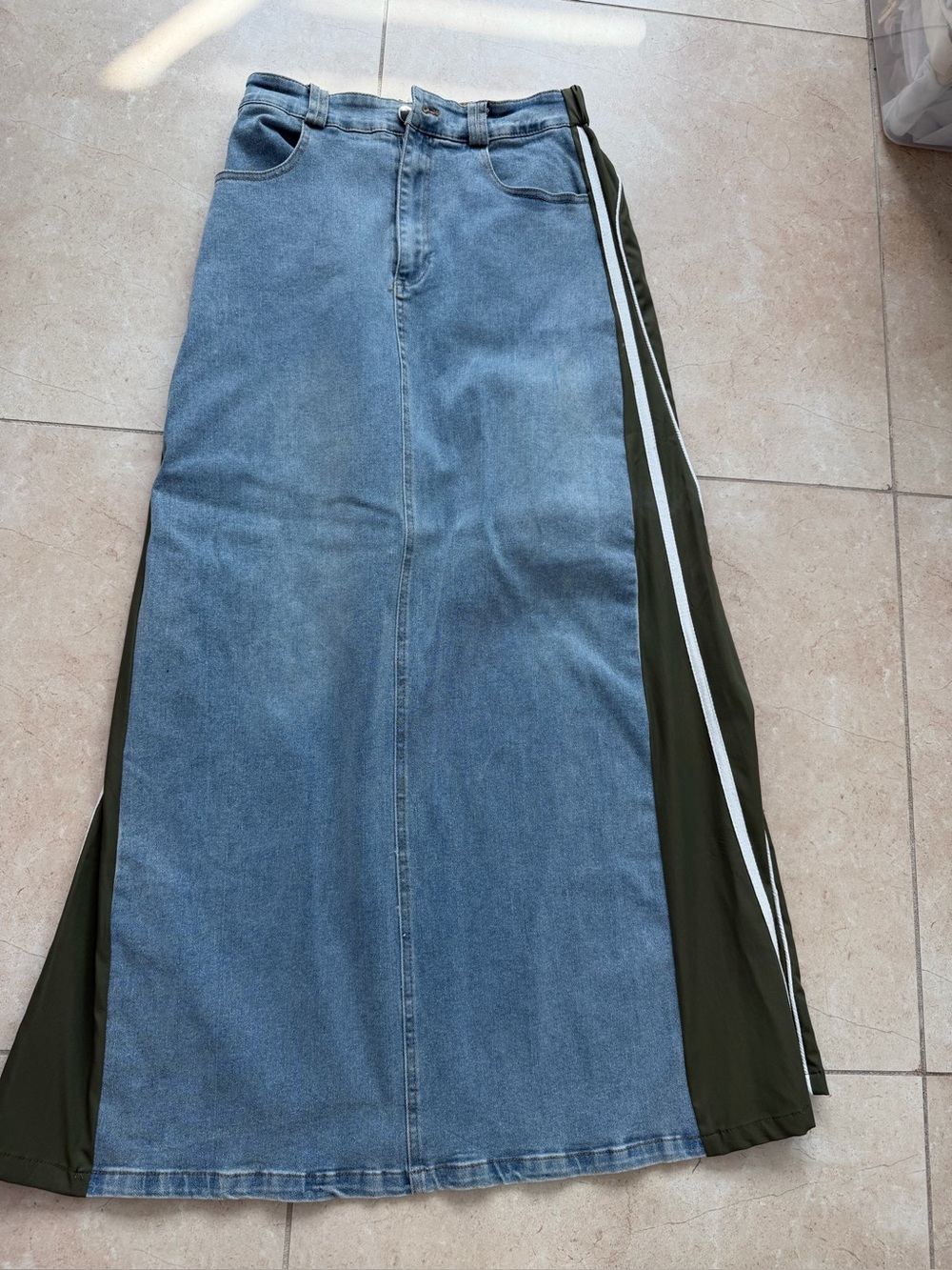 Denim Panel Maxi Skirt with Olive Side Panels